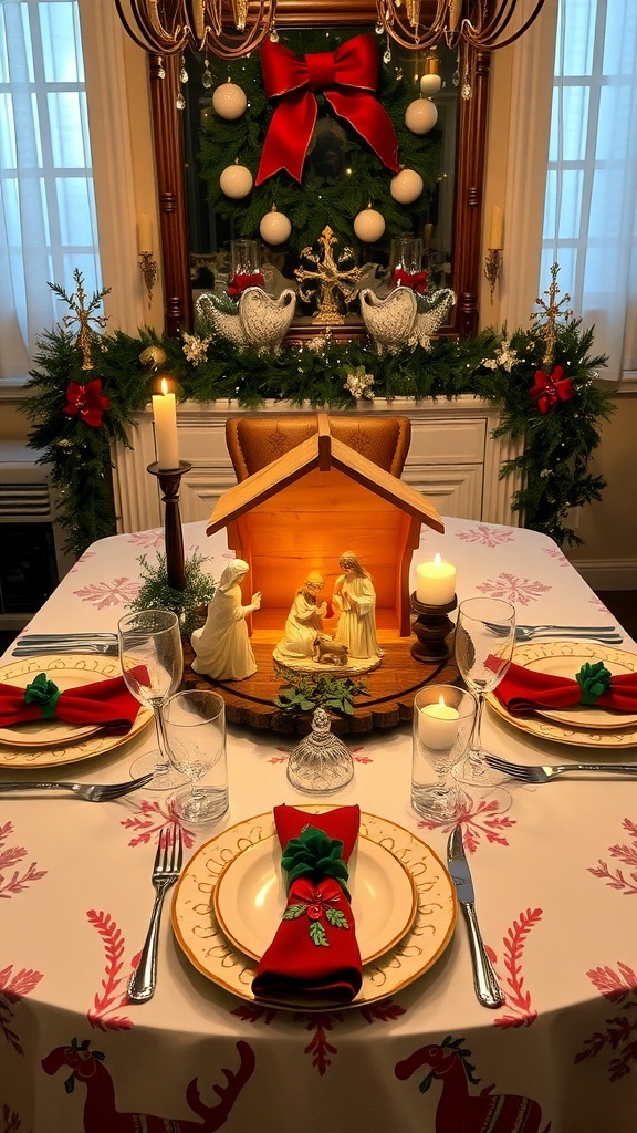 Christmas table setting with nativity scene centerpiece, candles, and festive decorations.